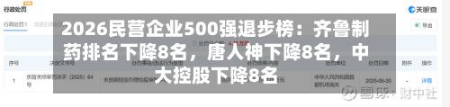 2026民营企业500强退步榜：齐鲁制药排名下降8名，唐人神下降8名	，中大控股下降8名-第2张图片