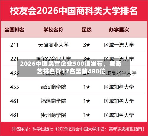 2026中国民营企业500强发布，爱奇艺排名降17名至第480位