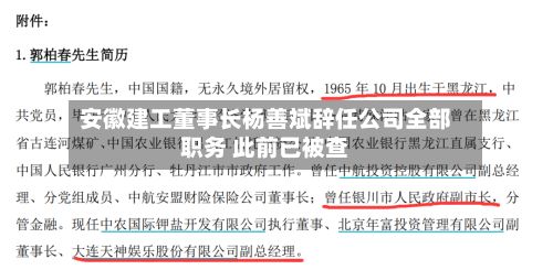 安徽建工董事长杨善斌辞任公司全部职务 此前已被查