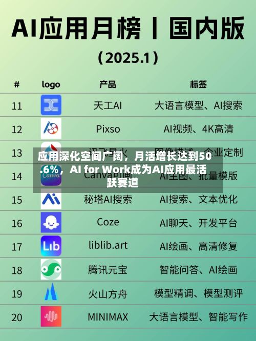 应用深化空间广阔，月活增长达到50.6%，AI for Work成为AI应用最活跃赛道
