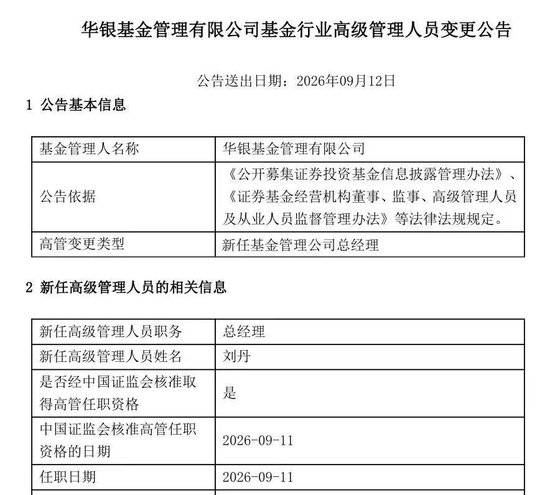 华银基金新任总经理落定：刘丹履新，华夏银行系高管再落一子
