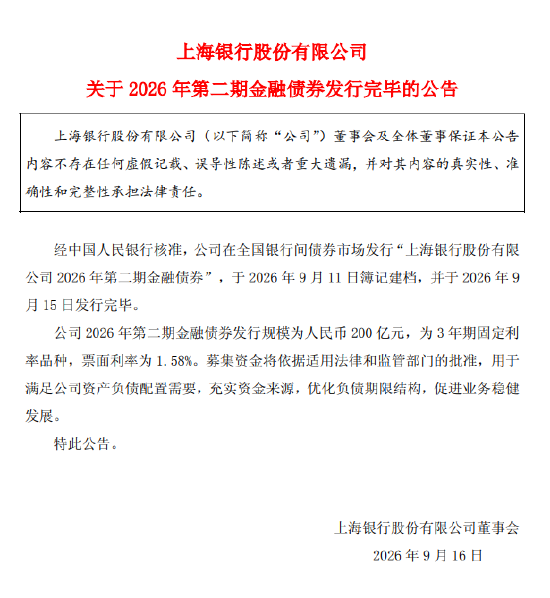 上海银行：2026年第二期金融债券发行完毕，规模为人民币200亿元
