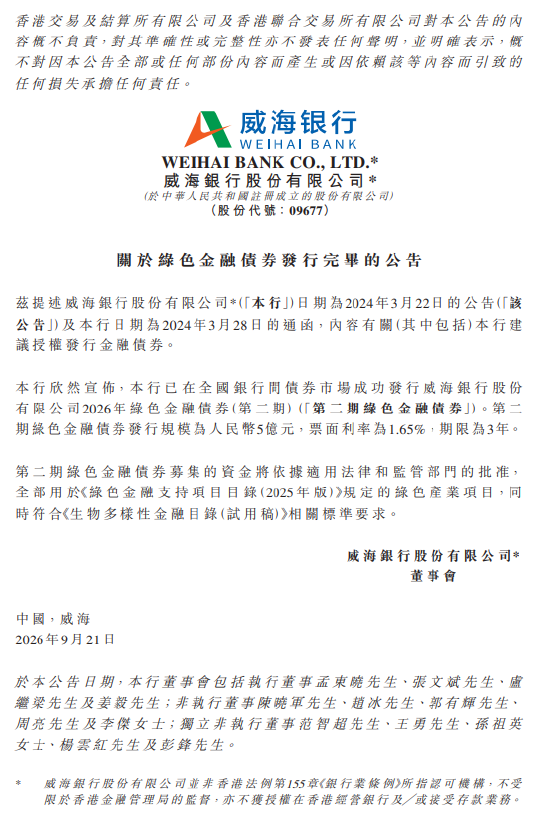 威海银行:完成发行5亿元绿色金融债券