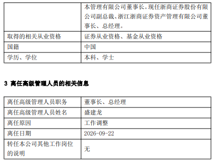 浙商资管高管变更：盛建龙卸任 楼小平接任董事长、总经理