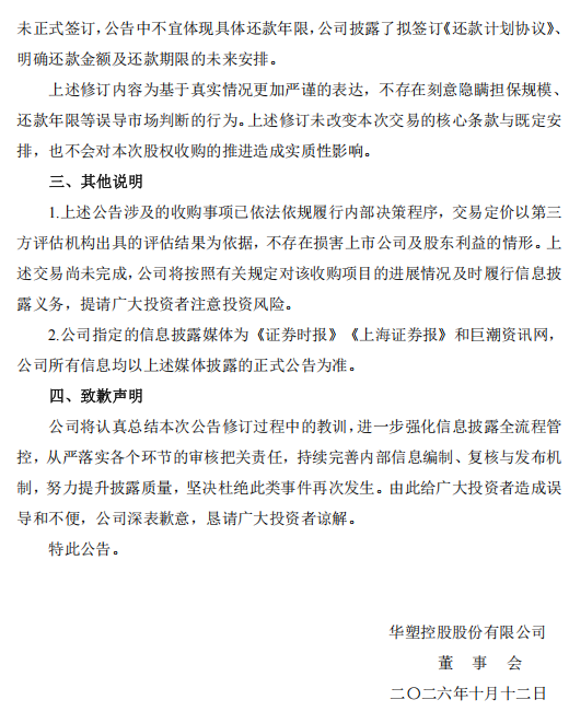 华塑控股致歉：工作人员上传失误出现修订痕迹，不存在刻意隐瞒或误导市场行为