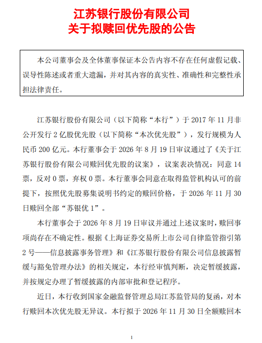 江苏银行:拟于11月30日全额赎回2亿股优先股